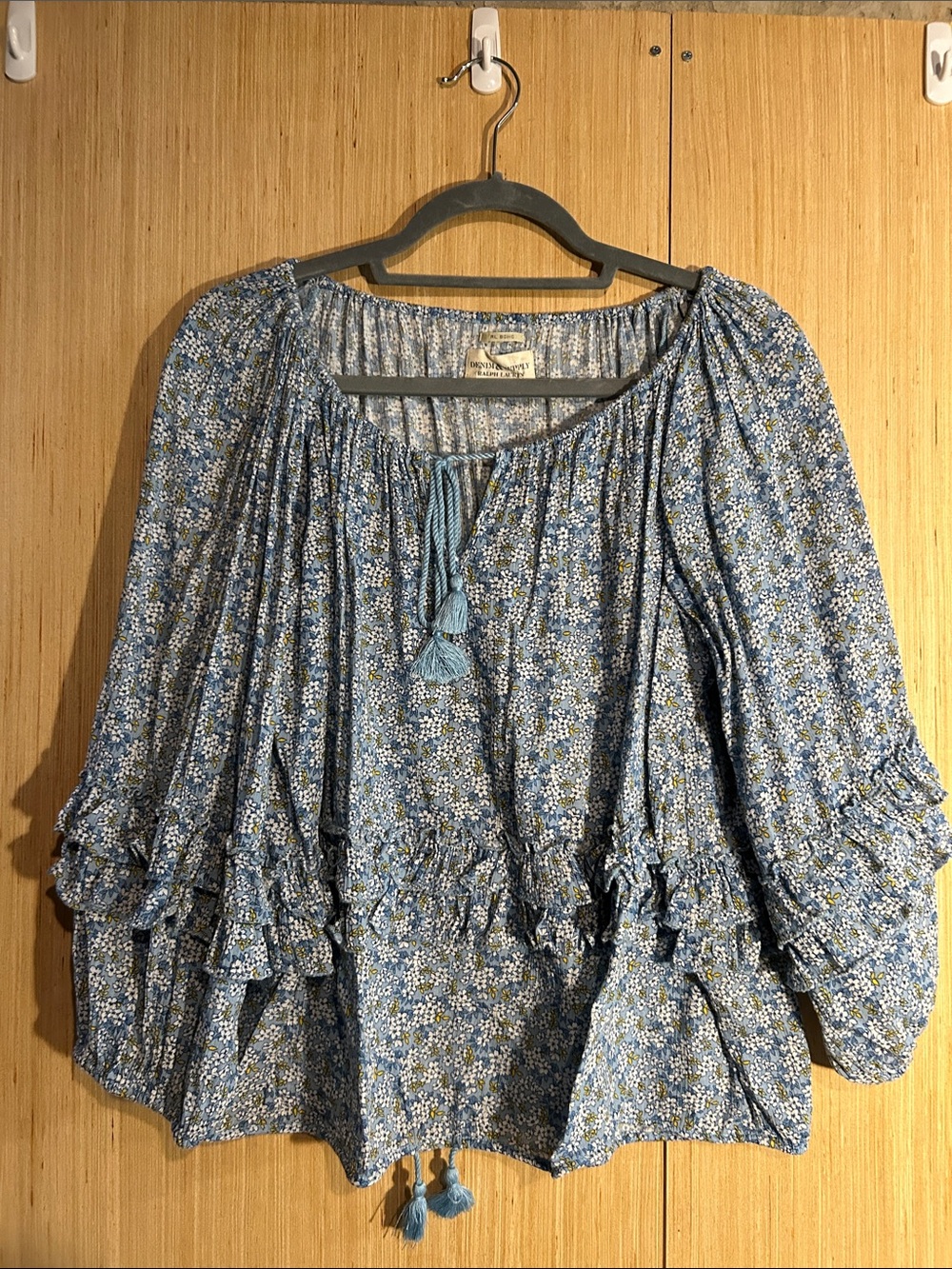 Denim & Supply Ralph Lauren Light Blue Floral Peasant Top with Tassels